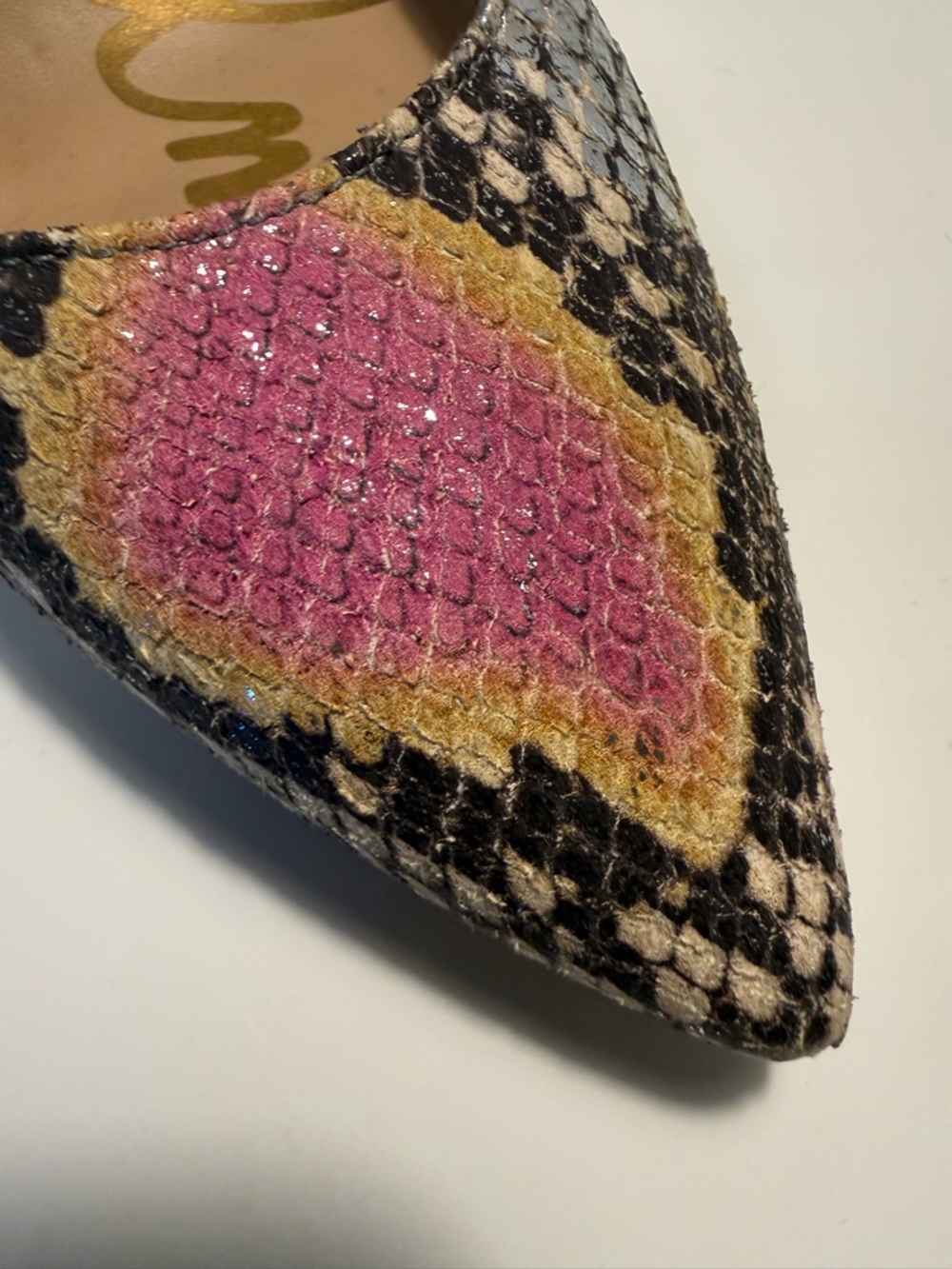Sam Edelman Pink and Yellow Snake-Print Pointed Pumps - Picture 2 of 6